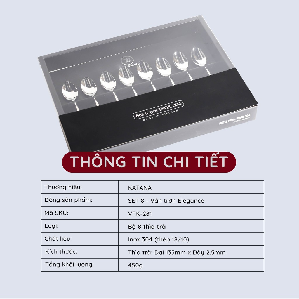 Bộ thìa uống trà, cafe inox vân trơn KATANA Elegance VTK281 8 món