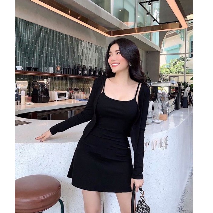 Set Váy 2 Dây Form Chữ A Và Áo Khoác Cardigan 🌺 FREESHIP 🌺 Đầm Nữ Body Đi Dạo Phố Dự Tiệc - LH93.