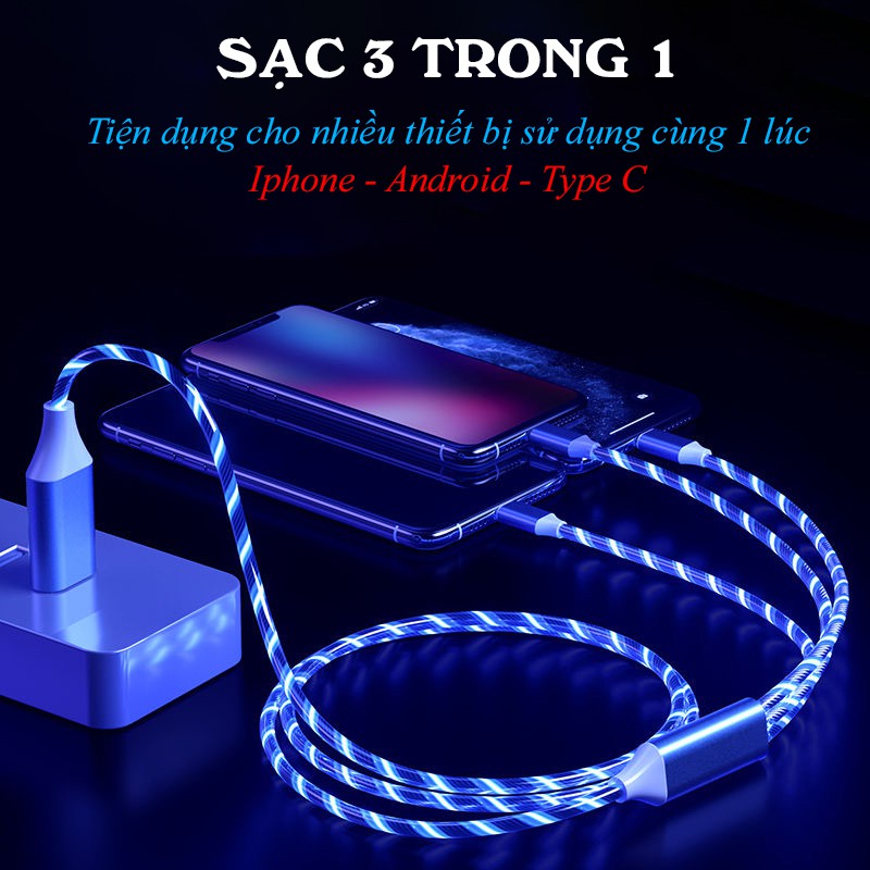 Dây Cáp Sạc Iphone Sạc Nhanh 3 Đầu Lightning, Micro, Type C, Siêu Bền, Có Đèn Led Nhấp Nháy