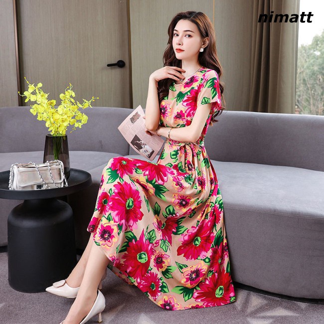 Women  Dress Crew-neck Short-sleeved Plus Size Bowknot Printed Waist-slimming Flower Skirt Long