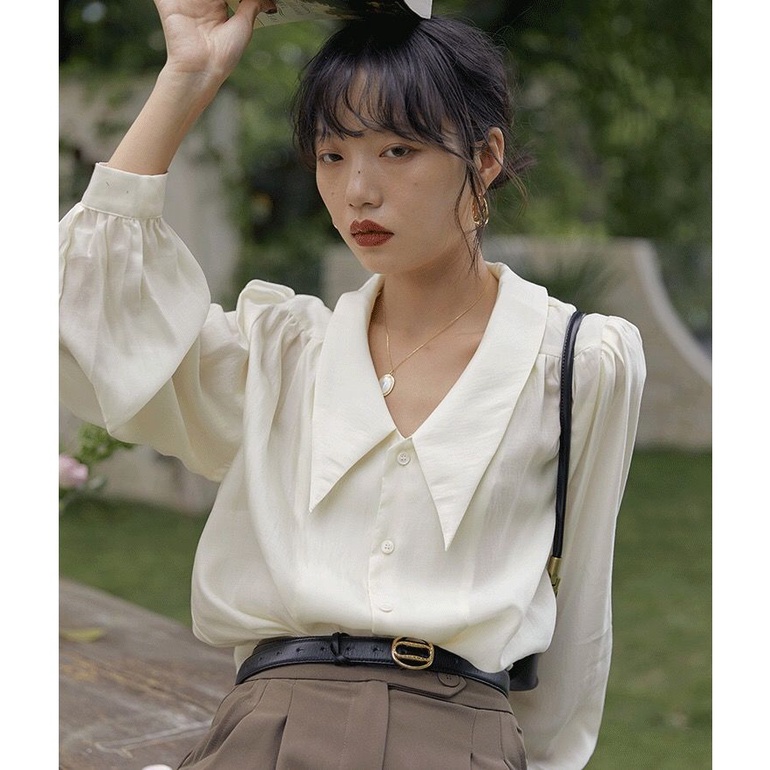 Áo sơ mi tay phồng phong cách retro Pháp thời trang mùa thu cho nữ