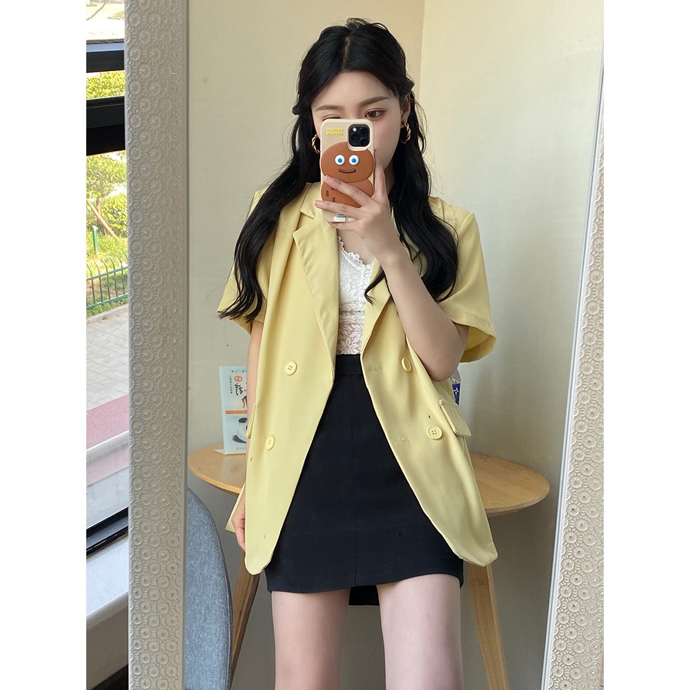 Xiaozhainv Áo khoác blazer tay ngắn form rộng màu trơn phong cách Hàn Quốc thanh lịch cho nữ