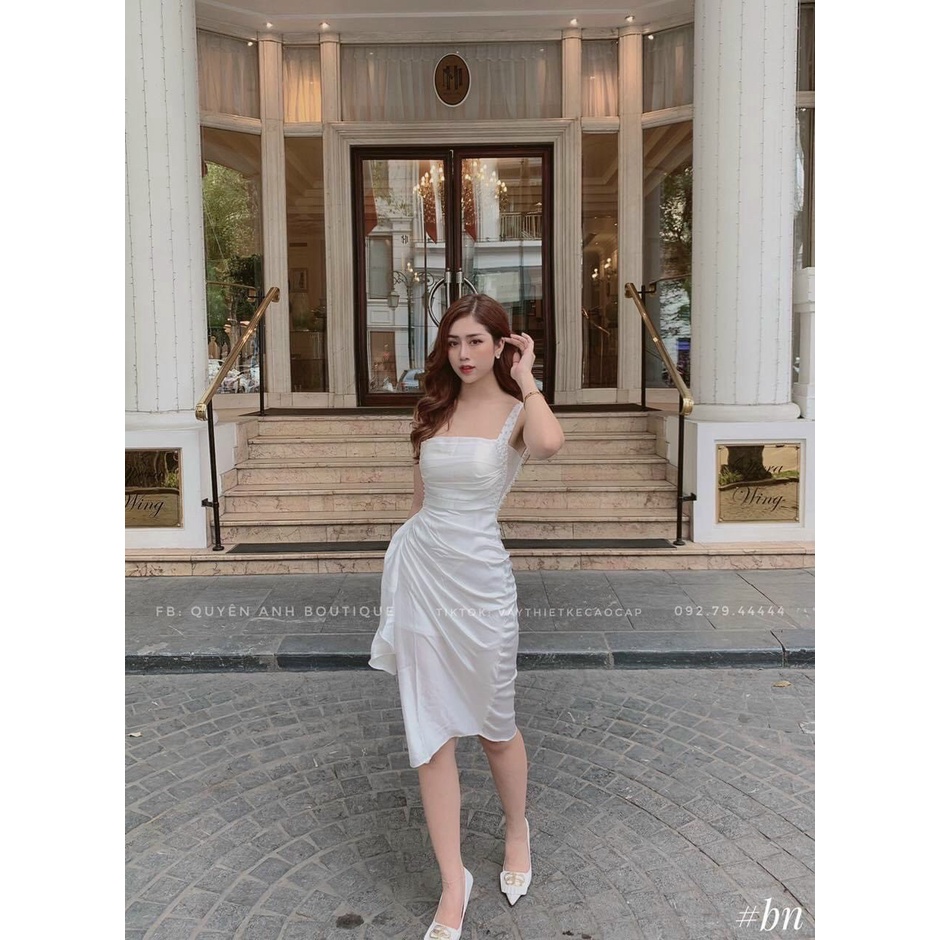 Váy đầm nữ hai dây cổ đổ nhún bèo ở hông đính cườm kiểu dáng trẻ trung, quyến rũ thích hợp mặc đi tiệc, đi chơi