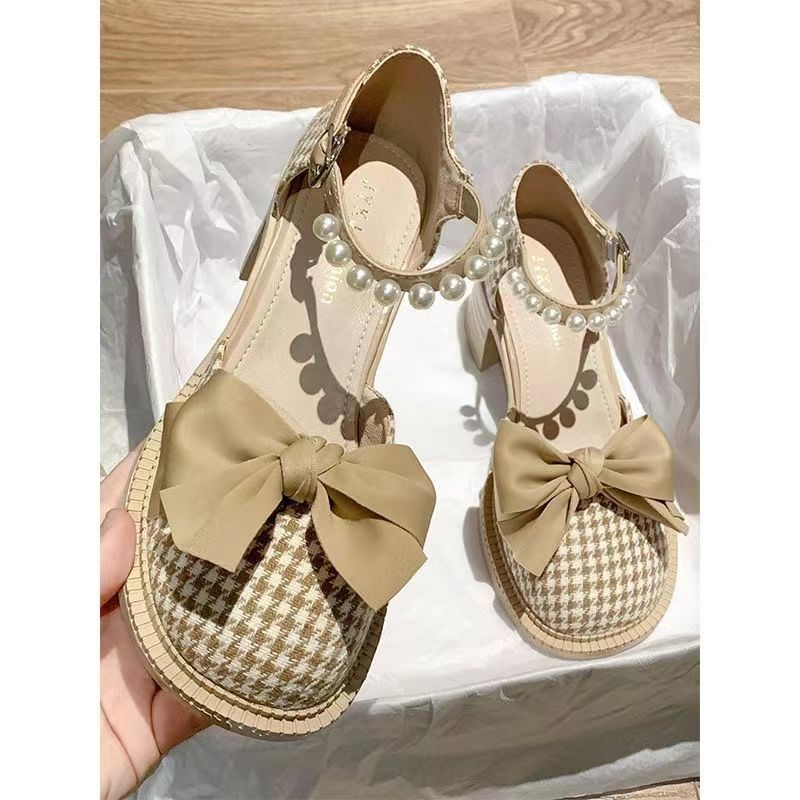 2022 Giày Mary Jane Gót Dày Đính Nơ Ngọc Trai Chống Trượt Thoải Mái Dễ Phối Đồ Giày cao gót