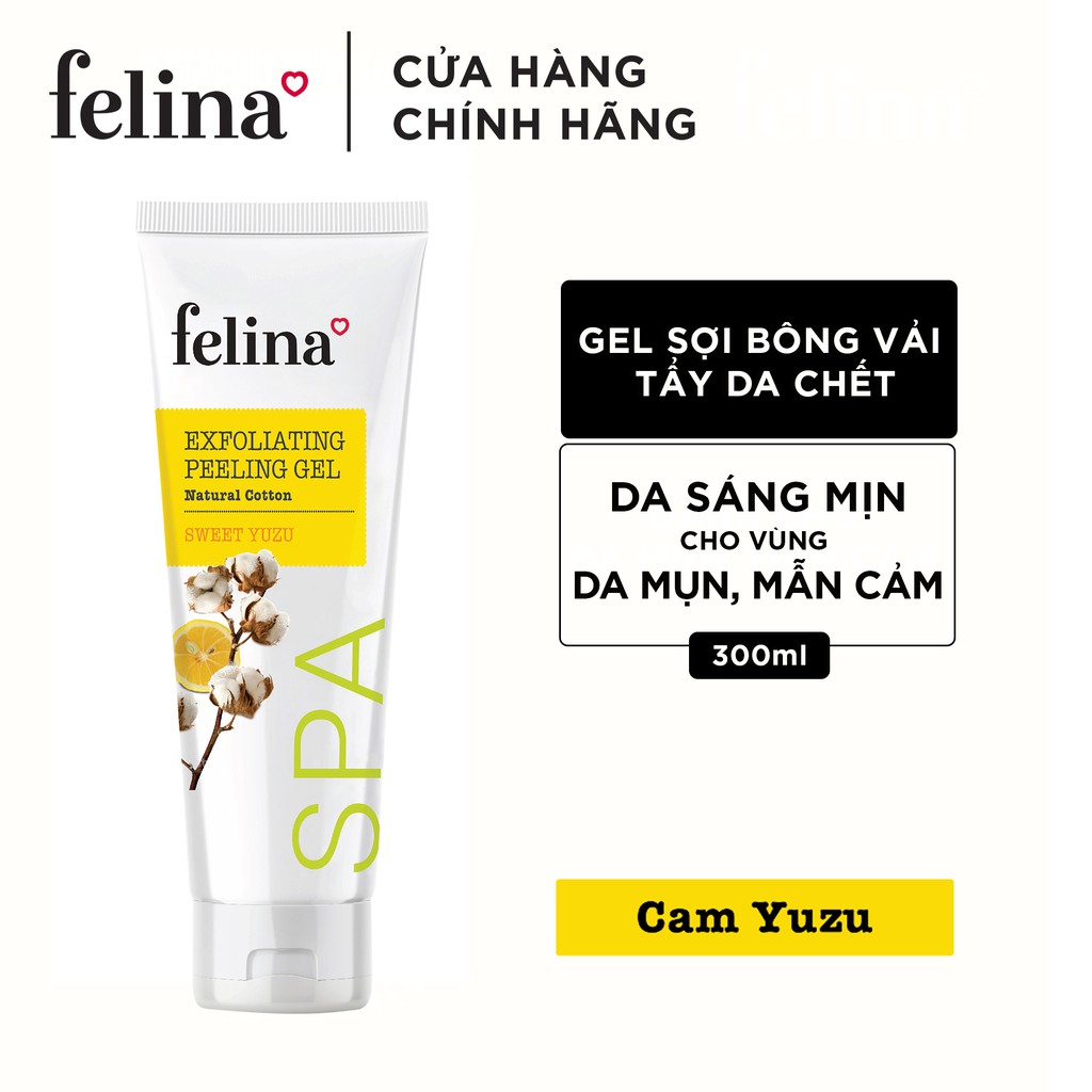 Gel tắm tẩy tế bào chết Felina Home Spa dạng gel kỳ 300ml từ sợi bông vải chiết xuất Cam Yuzu cho da sáng mịn