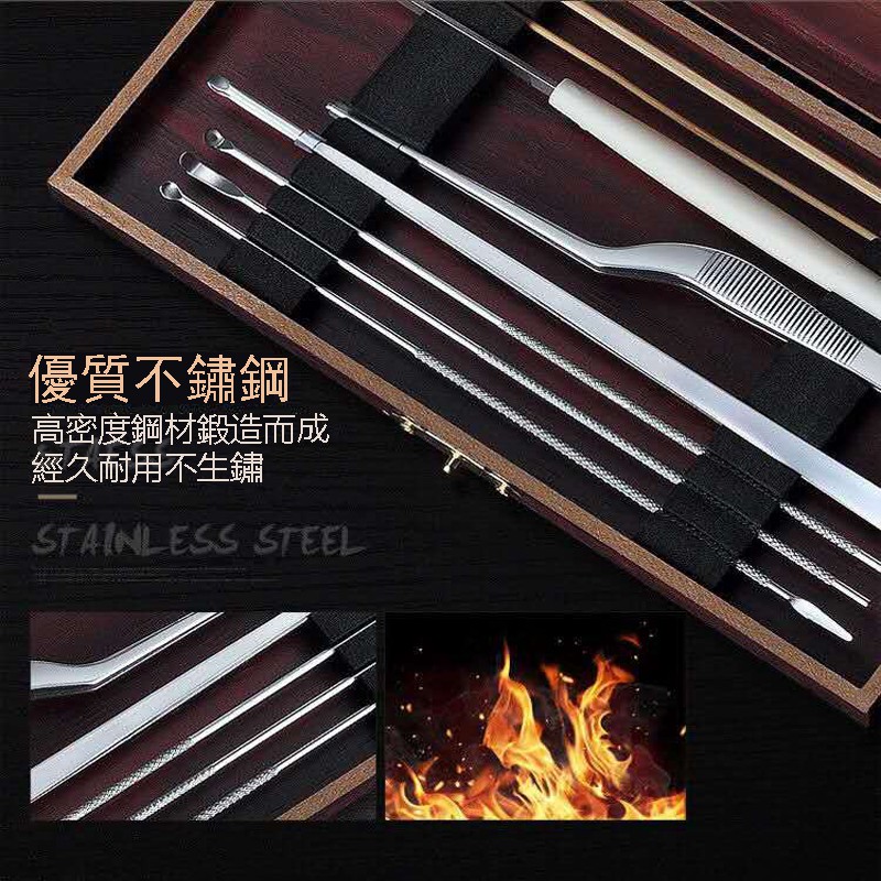 Bộ Dụng Cụ Ngoáy Tai Bằng Thép Không Gỉ Cao Cấp Kèm Hộp Gỗ Lông Ngỗng Và Nhíp Gắp Tai