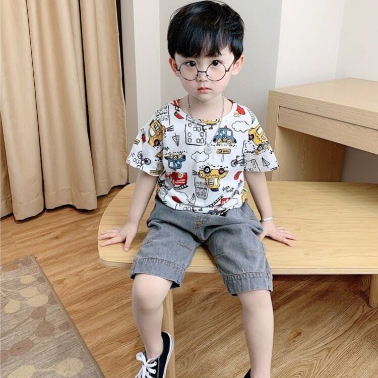 Áo Thun Cotton Ngắn Tay Dáng Rộng In Hoạt Hình Xe Hơi Kiểu Hàn Quốc Cho Bé Trai