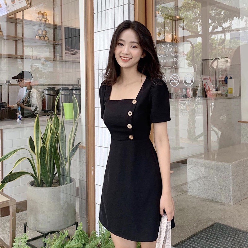 Đầm váy cổ vuông nút dừa 3 màu xuongvnxk