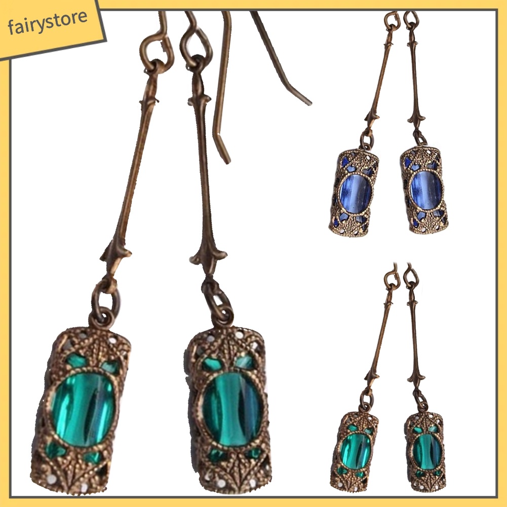 Hoa tai dạng móc thả nạm khắc đính đá quý giả cổ điển