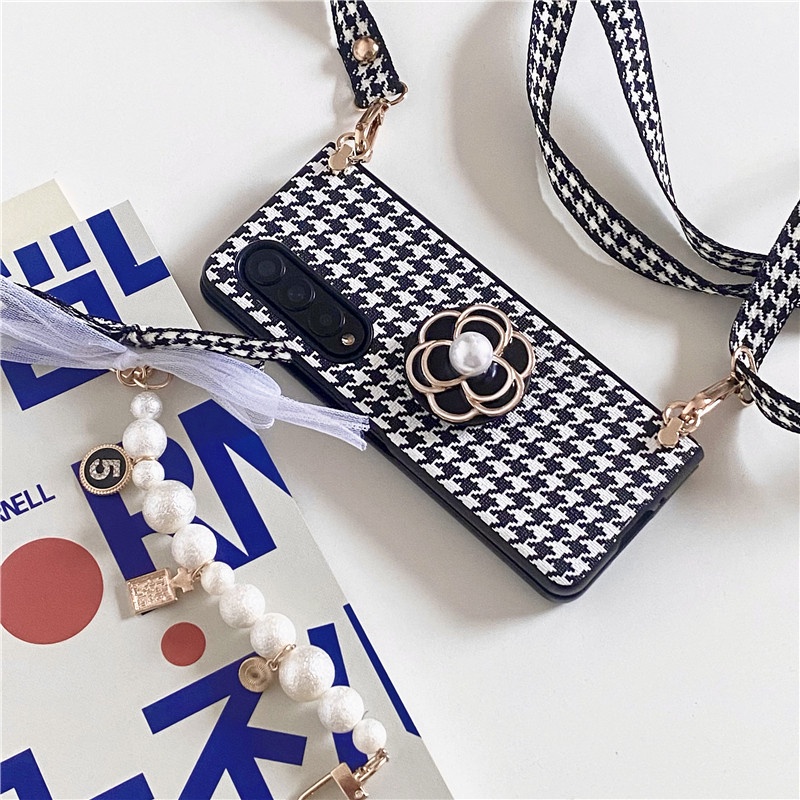 Bao Da Điện Thoại pu Họa Tiết Hoa Trà Đính Ngọc Trai Thời Trang Cho samsung galaxy z fold 5 4 3 5g Ốp