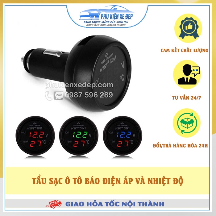 Tẩu sạc ô tô ⚡FREESHIP⚡ báo điện áp và nhiệt độ