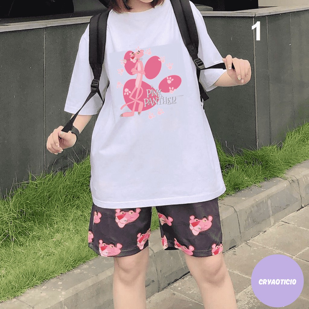 Set báo hồng pink panther + quần short cartoon báo hồng thun unisex