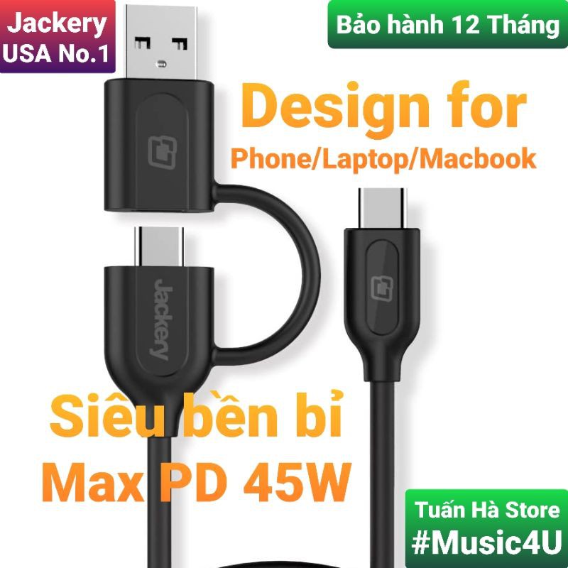 Cáp sạc nhanh PD Type C 45W Jackery (Tương thích 25W, 30W) cho điện thoại, Laptop, Macbook, chuẩn Mỹ [Music4U]