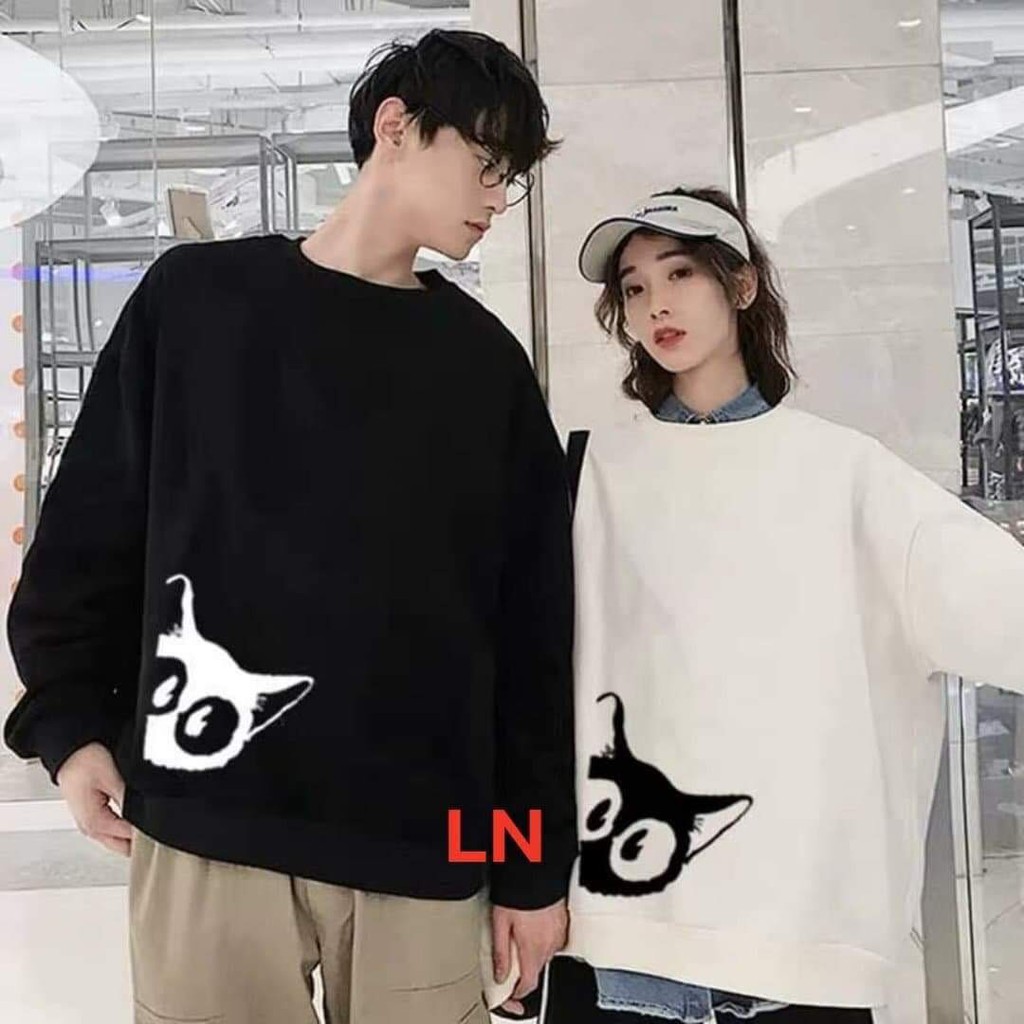 Áo đôi tay bo đầu mèo in hông chất nỉ bông dày dặn 95