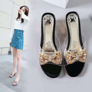 (PV020)Guốc/Dép cao gót đính nơ trang trí quai trong suốt sang trọng