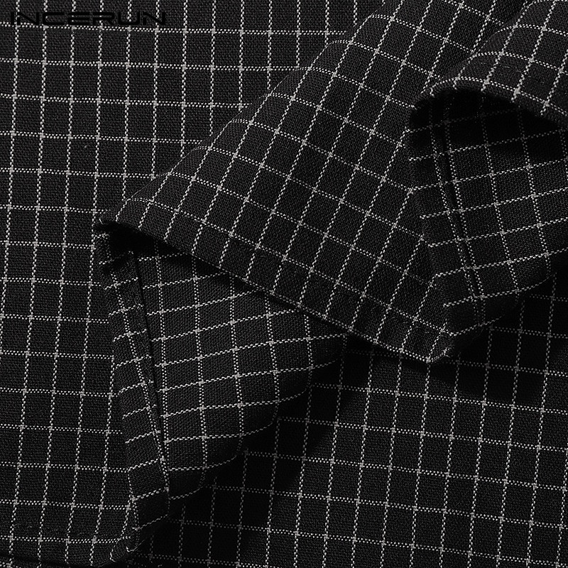 Incerun Áo Sơ Mi Cotton Ngắn Tay Cổ Đứng Cài Nút Kẻ Sọc Caro Cho Nam