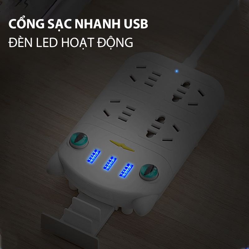 Ổ cắm điện đa năng JIASHI dán tường hình mèo cute, 3 cổng USB, 6 ổ cắm chống giật thông minh dây dài 1,8m - OCD02