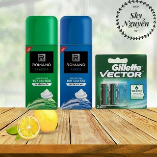 Combo Bọt Cạo Râu Romano Classic/ Force 175ml x Vỉ 2 cái lưỡi dao Gillette Vector 2 lưỡi.