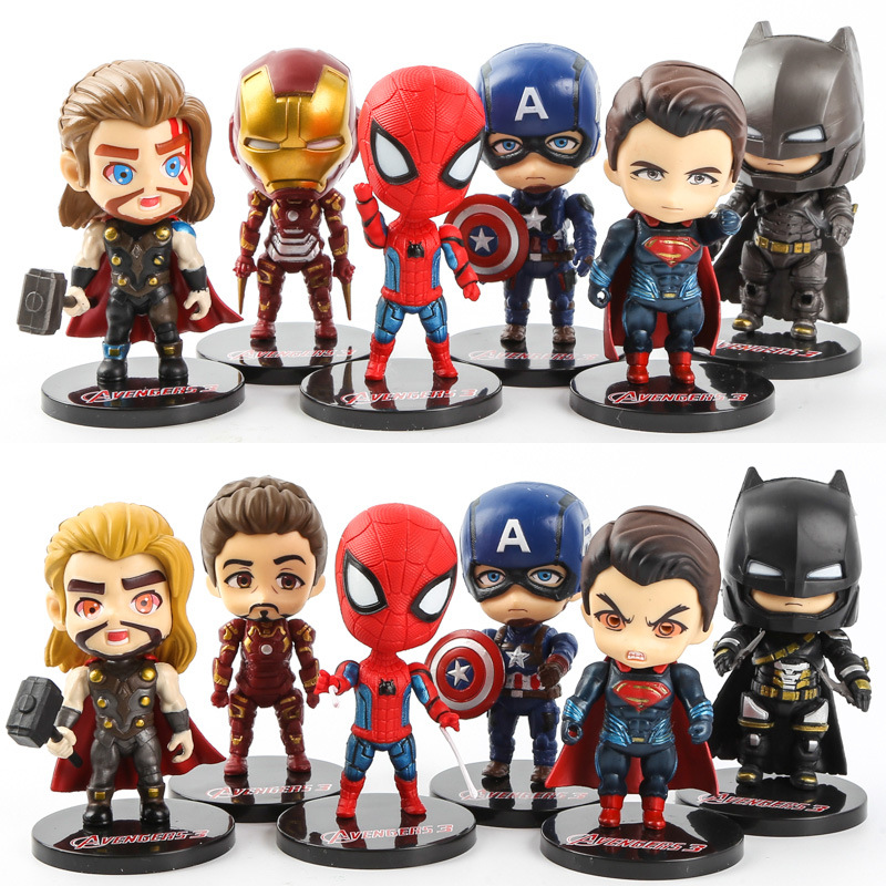 Bộ 6 mô hình nhân vật siêu anh hùng Iron Man Thor Superman Batman Captain America Spider-Man dùng trang trí bánh kem