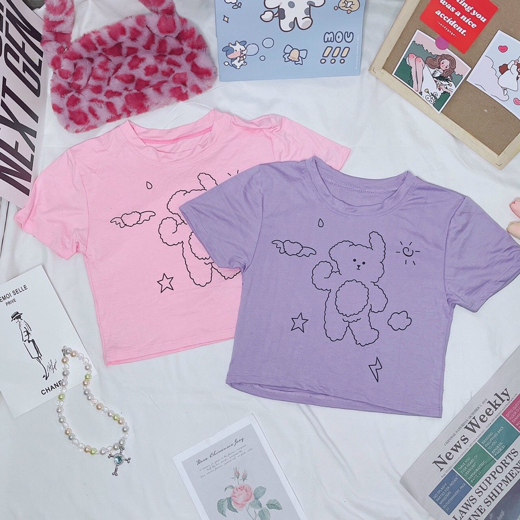 Áo kiểu croptop tay ngắn in hình chú gấu dễ thương , chất thun lạnh mềm mịn mát ( ảnh thật )