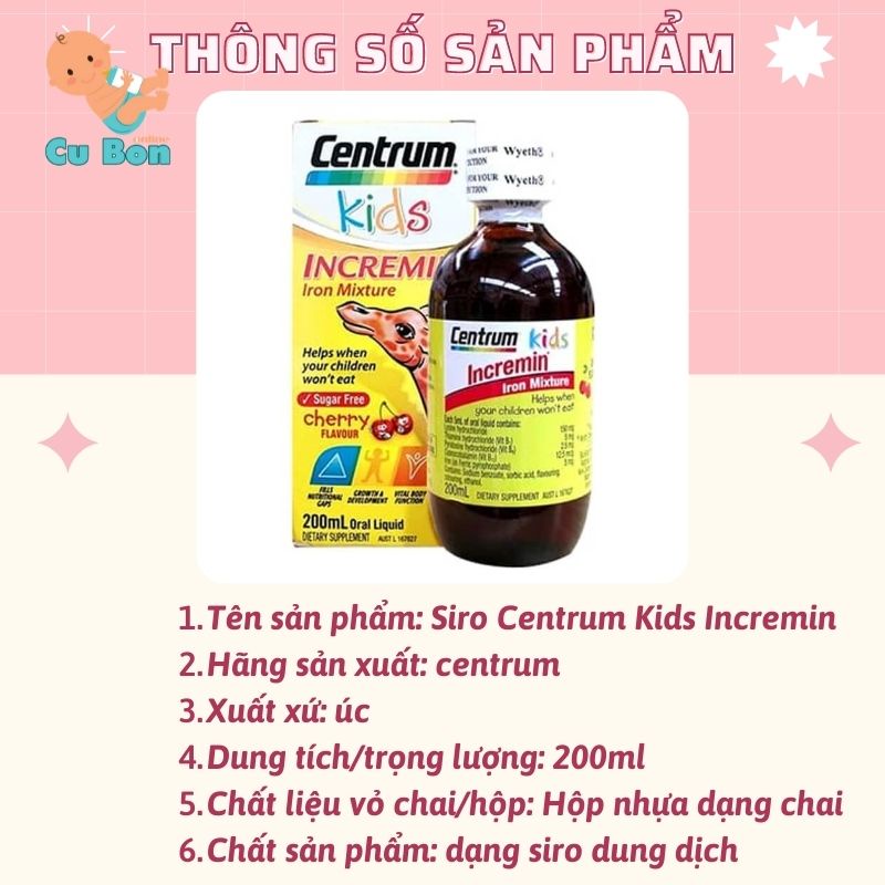 Centrum Kids cho bé biếng ăn Incremin Iron Mixture Úc 200ml dạng siro giúp hấp thu calo dinh dưỡng tốt từ 6 tháng tuổi