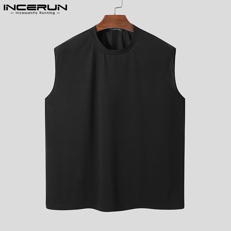 Áo thun nam INCERUN không tay đơn giản cổ tròn màu trơn thời trang