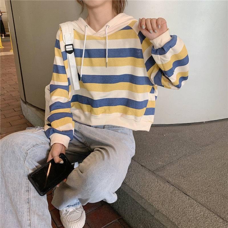 Áo hoodie tay dài dáng rộng họa tiết kẻ sọc thời trang mùa thu phong cách Hồng Kông mới cho nữ