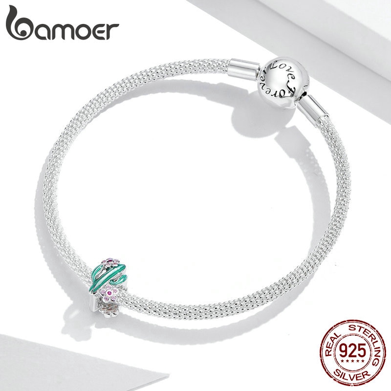 Hạt Phụ Kiện Bamoer BSC261 Bằng Bạc 925 Hình Cây Sương Rồng Xanh Lá Để Trang Trí Trang Sức DIY