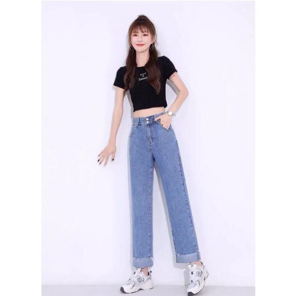 Quần jean bò ống rộng suông xuông nữ jeans cạp cao phong cách Hàn Quốc sành điệu style năm 2021