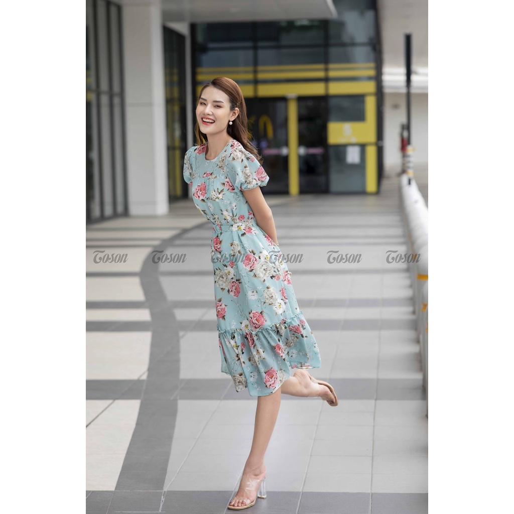 Đầm chiffon xanh in hoa hồng, dáng dài chân nhúm bèo - 44037X11 - TOSON