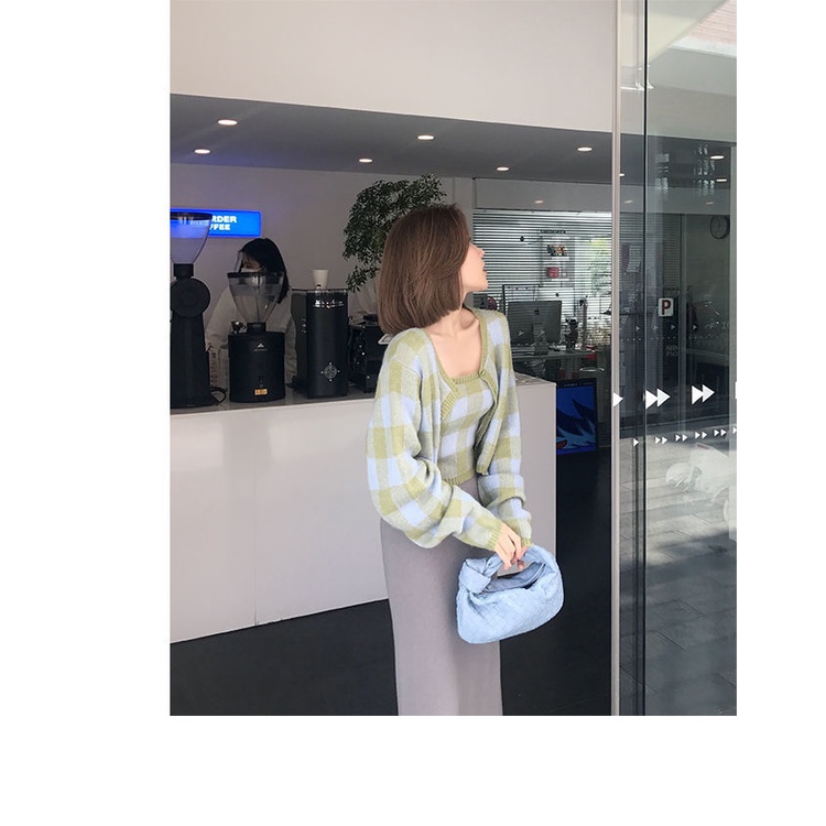 Bộ Áo Khoác Cardigan + Áo Hai Dây Nữ Phối Màu Tương Phản Đơn Giản Thời Trang Phong Cách Hàn Quốc