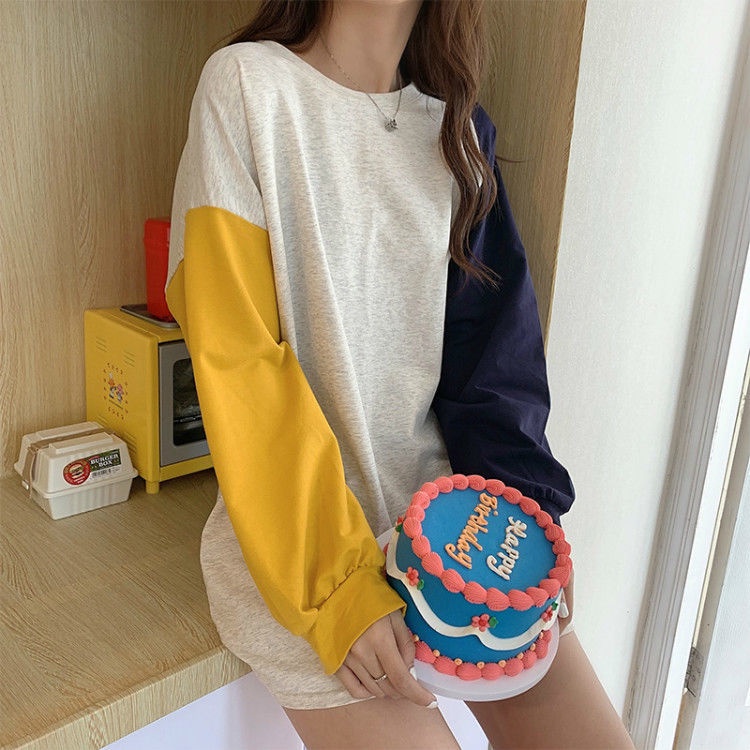 Áo Thun Tay Dài Phối Màu Sắc Tương Phản Cá Tính 198524 Áo Nỉ Form Rộng Thời Trang Hàn Quốc Dễ Phối Đồ