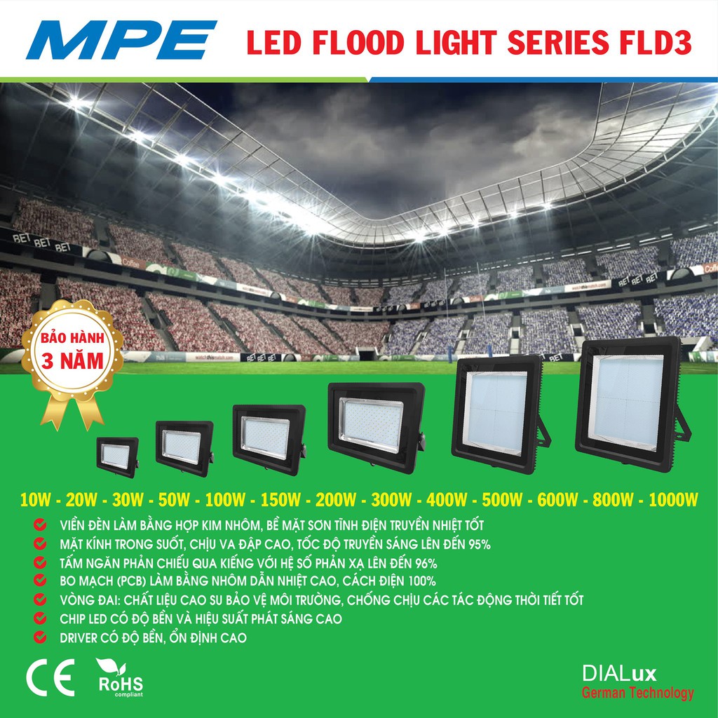 Đèn LED Flood Light MPE series FLD3 10W/ 20W/ 30W/ 50W Ánh sáng Trắng, Vàng – DIALux Công Nghệ Đức – Hàng Chính Hãng