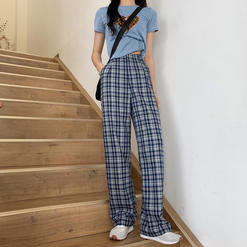 Casual plaid pants women's high waist drape spring and summer loose straight and thin retro suit mopping pants