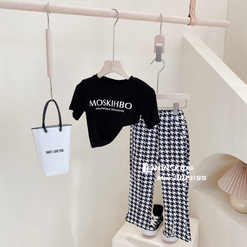 Set Áo Thun Ngắn Tay In Chữ + Quần Dài Lưng Cao Phong Cách Hàn Quốc Thời Trang Mùa Hè Cho Bé Gái