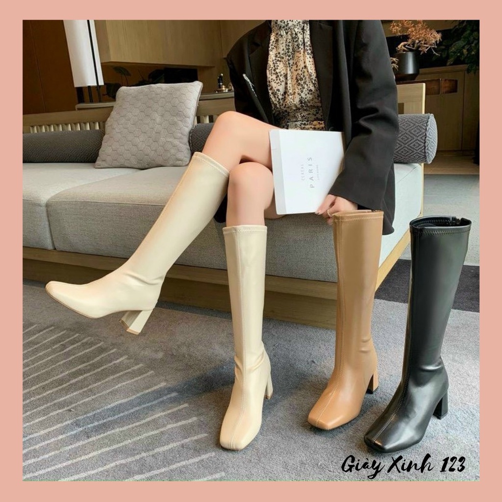Boot Nữ Boot Đùi Da Mũi Vuông Khóa Sau Gót 5cm