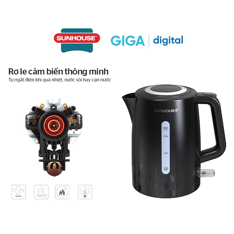 Ấm siêu tốc nhựa 1.7L Sunhouse SHD1306 màu đen trang nhã, vỏ nhựa nguyên sinh