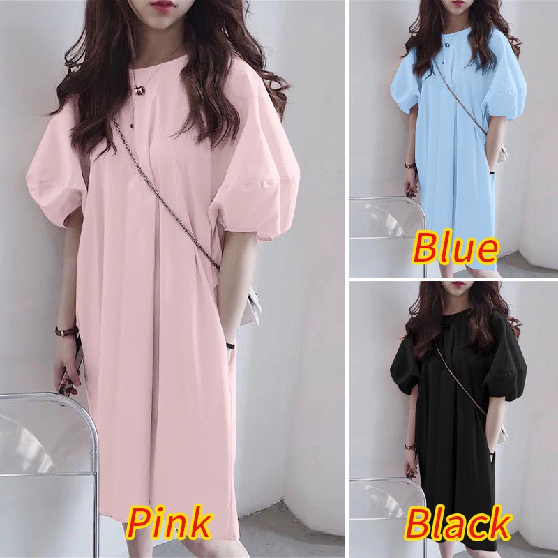 Đầm ZANZEA cổ tròn tay phồng màu trơn bằng cotton cho nữ giới