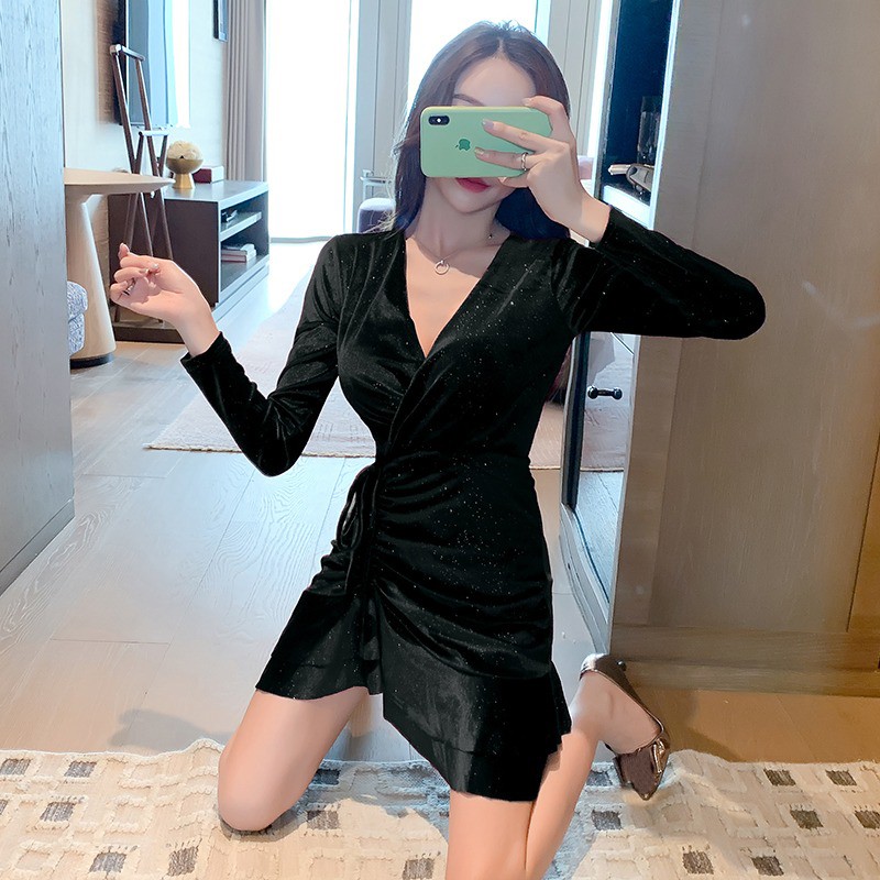 🌸Hàng Order🌸Váy Nhung Rút Eo Cổ V Sexy Lấp Lánh 🌸Hàng Quảng Châu | BigBuy360 - bigbuy360.vn