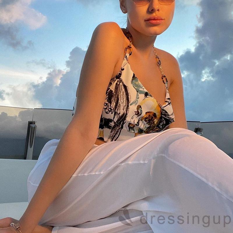 Áo dây phối dây xích cổ yếm hở lưng in họa tiết chân dung quyến rũ thời trang cho nữ