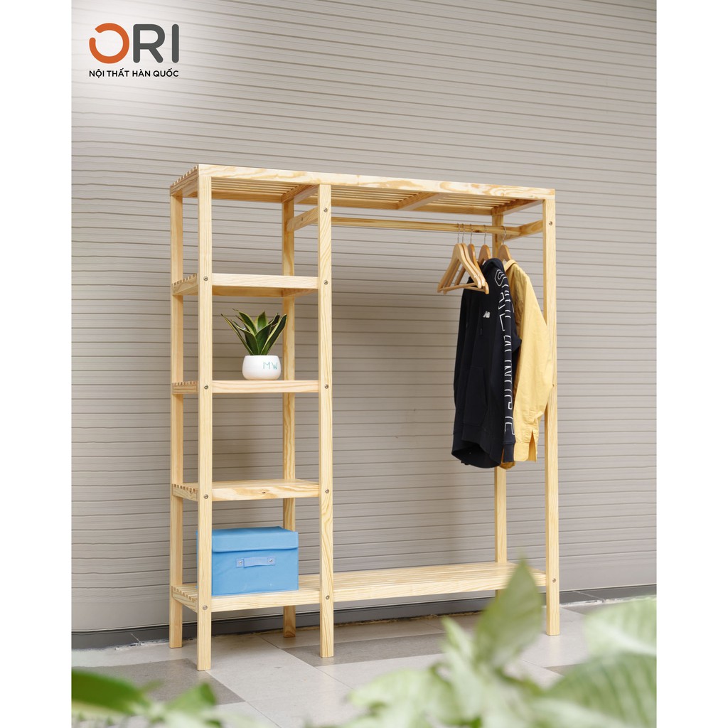 TỦ TREO QUẦN ÁO GỖ LIỀN KỆ 5 TẦNG SIZE KHỔNG LỒ MÀU GỖ - DOUBLE HANGER CLOSET - NATURAL