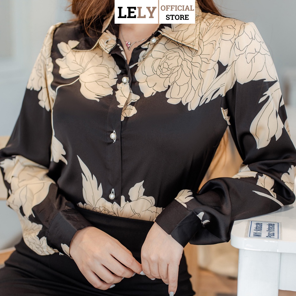 Áo sơ mi nữ Lely Fashion sơmi kiểu dài tay lụa cao cấp chuẩn thời trang công sở màu đen phối hoa bản to đẹp A413