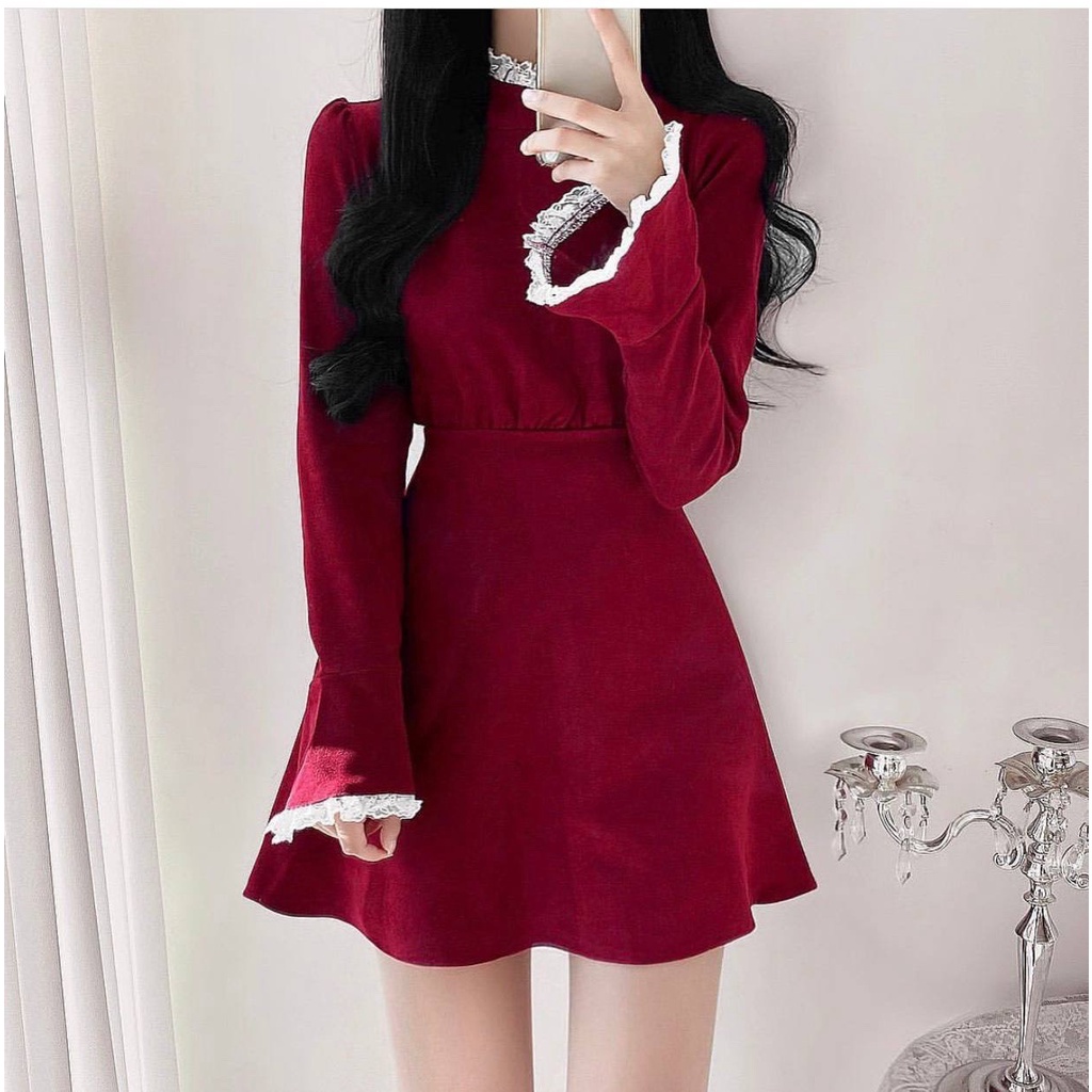 Váy nữ cổ ren bèo tay xòe chất nhung tăm dáng xòe xinh xắn đầm dự tiệc sang trọng