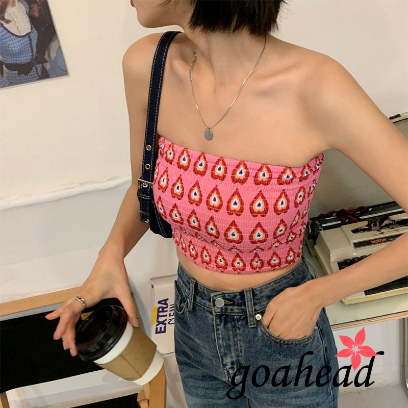 GOGOGO-Women´s Smocked Tube Tops, Sexy Strapless Sleeveless Heart Print Bandeau Crop Tops