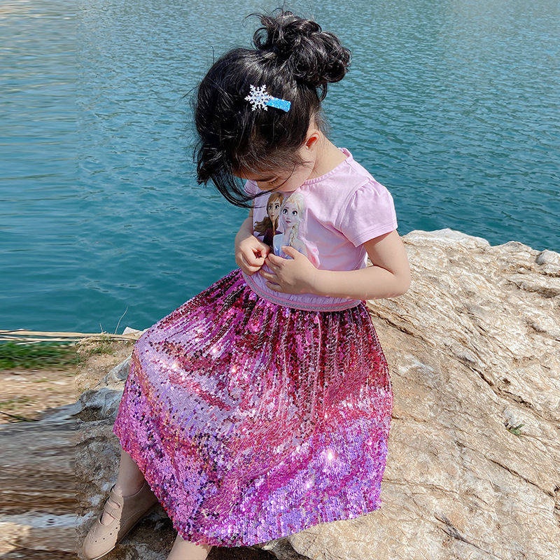 Mùa hè mới Aisha Girl Princess Dress Ice and Snow 奇艾 Cotton ngắn tay Sequins Love Sand Birthday Dress