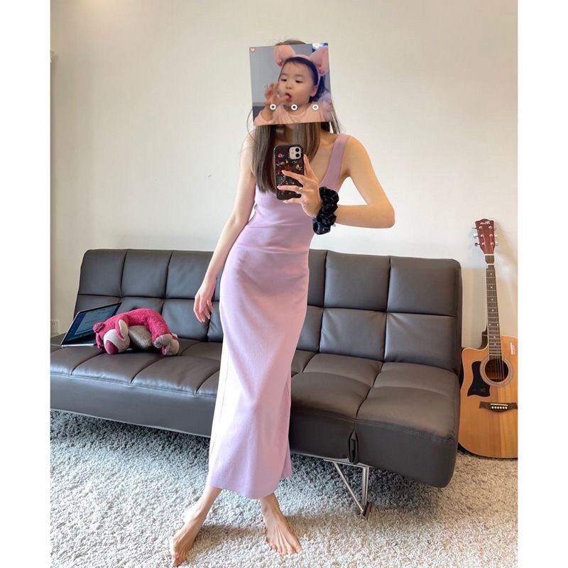Váy Đầm Sling Đầm Hai Dây Dáng Dài Màu Tím Trơn Đính Hạt Châu Âu Xinh Xắn Dễ Phối Đồ Mùa Hè Phong Cách Hong Kong Cho Nữ