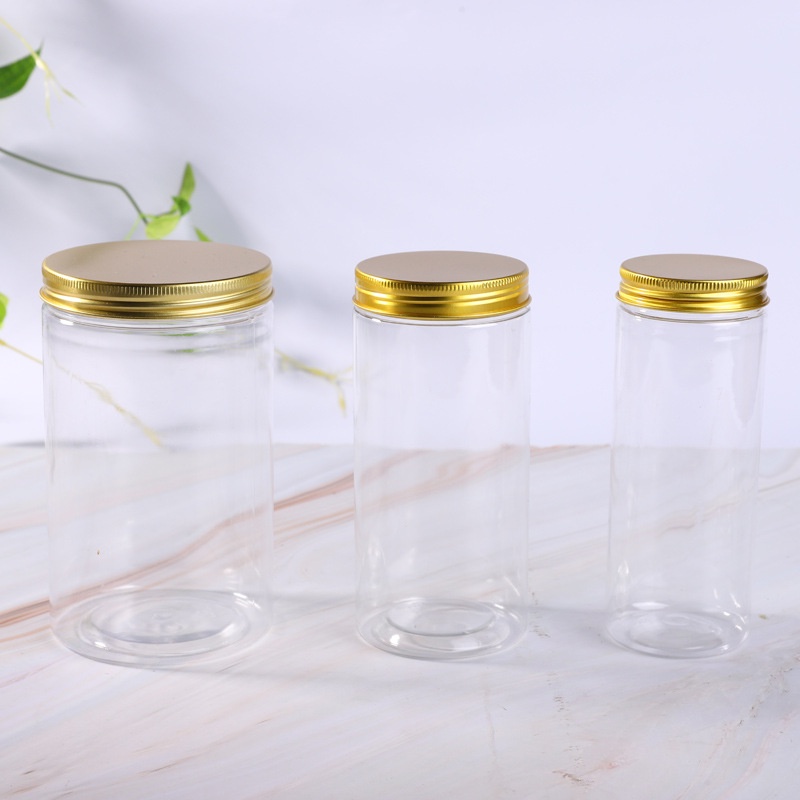 Multi-function PET Plastic Transparent Storage Cans/ Honey Tea Multigrain Food Jar with Gold Lid/ Kitchen Organize Container