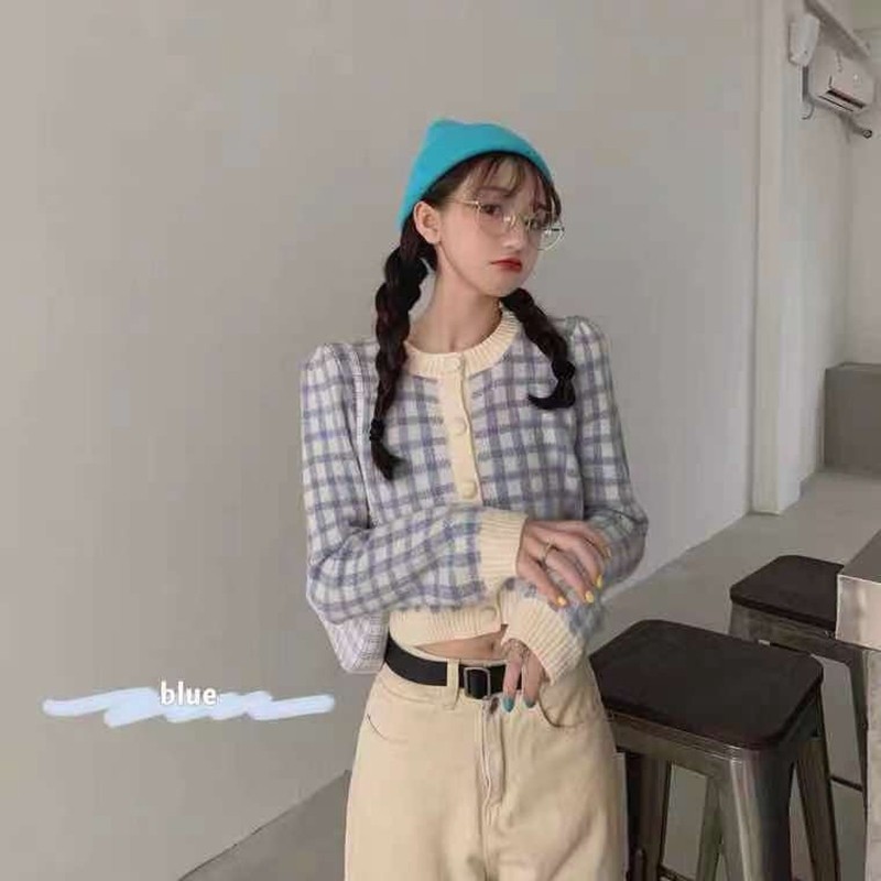 Zhainvchaoyi Áo Khoác Cardigan Dệt Kim Cổ Tròn Sọc Caro Phong Cách Hàn Quốc Thời Trang Mùa Thu Cho Nữ