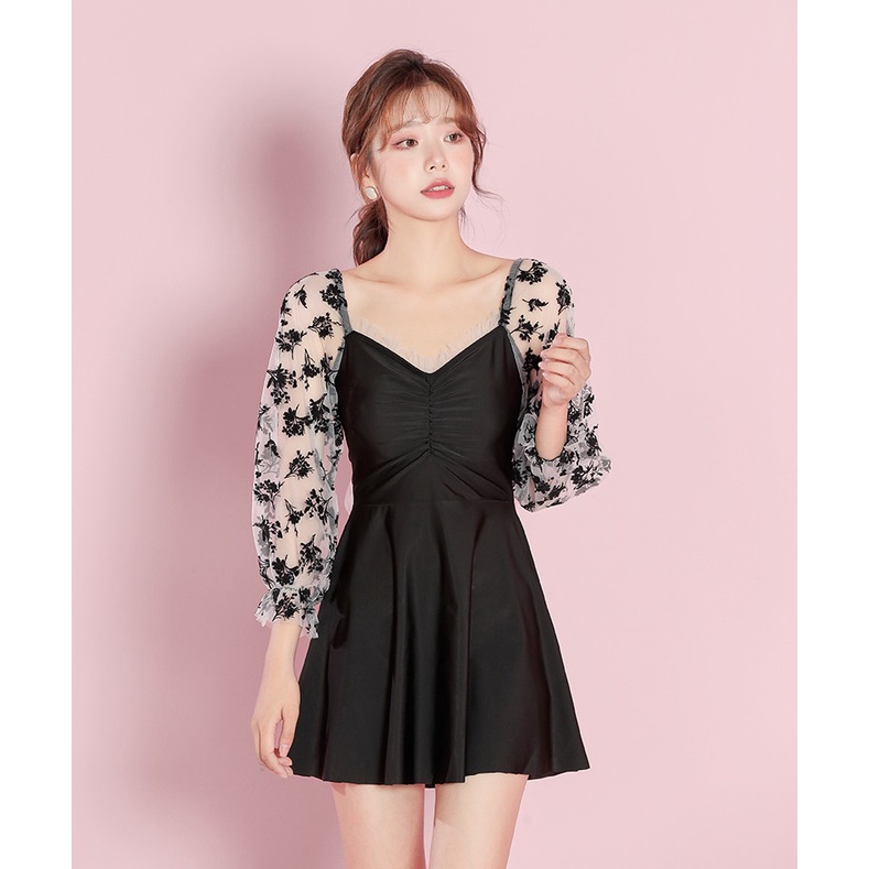 Bộ đồ bơi nữ liền dáng váy tay ren thắt nơ lưng siêu xinh