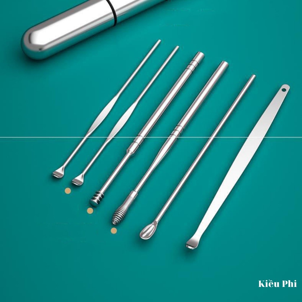 Bộ lấy ráy tai 6 món THÉP KHÔNG GỈ kèm hộp đựng tiện dụng giữ vệ sinh